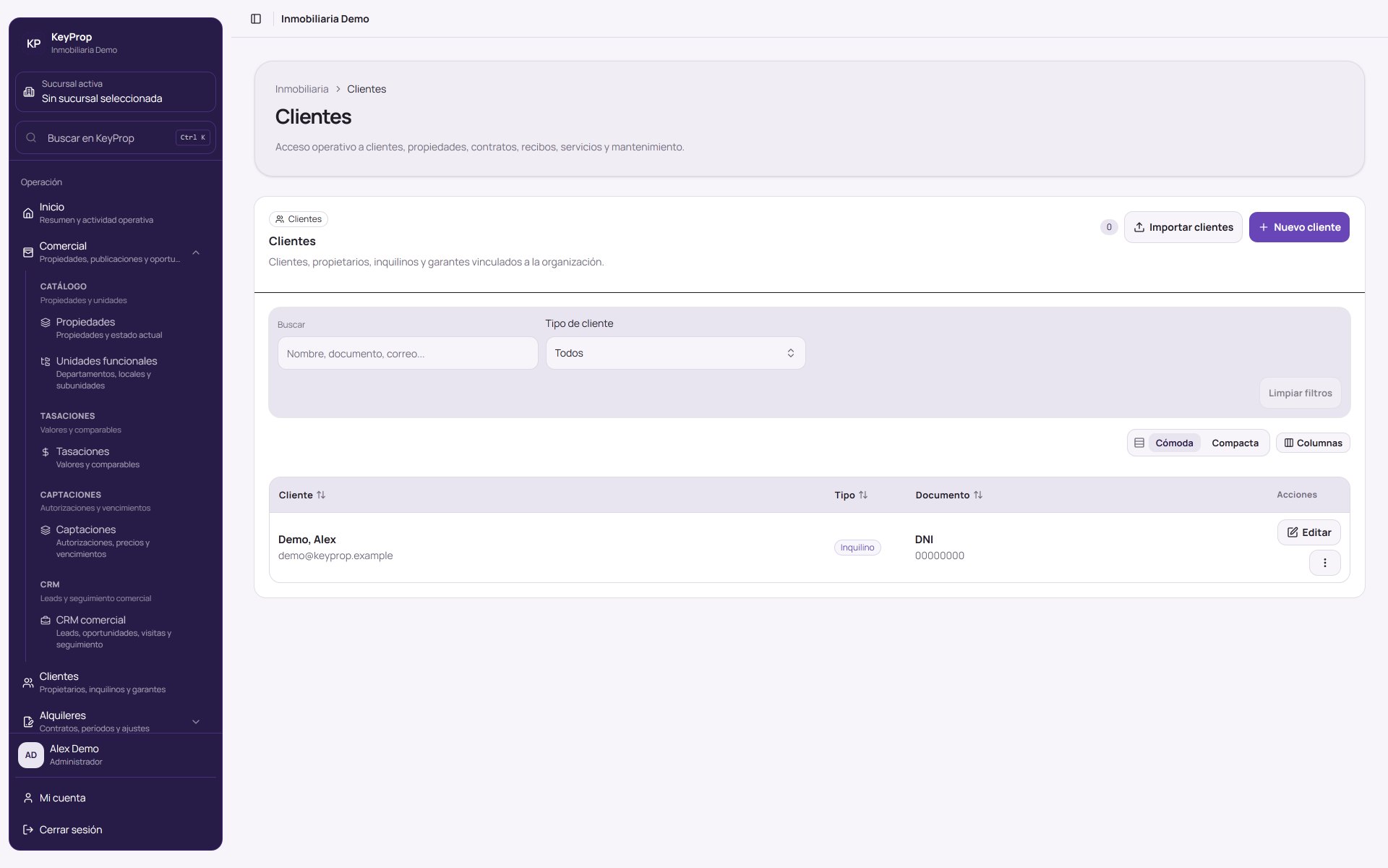 Listado de clientes y relaciones comerciales de una inmobiliaria en KeyProp.