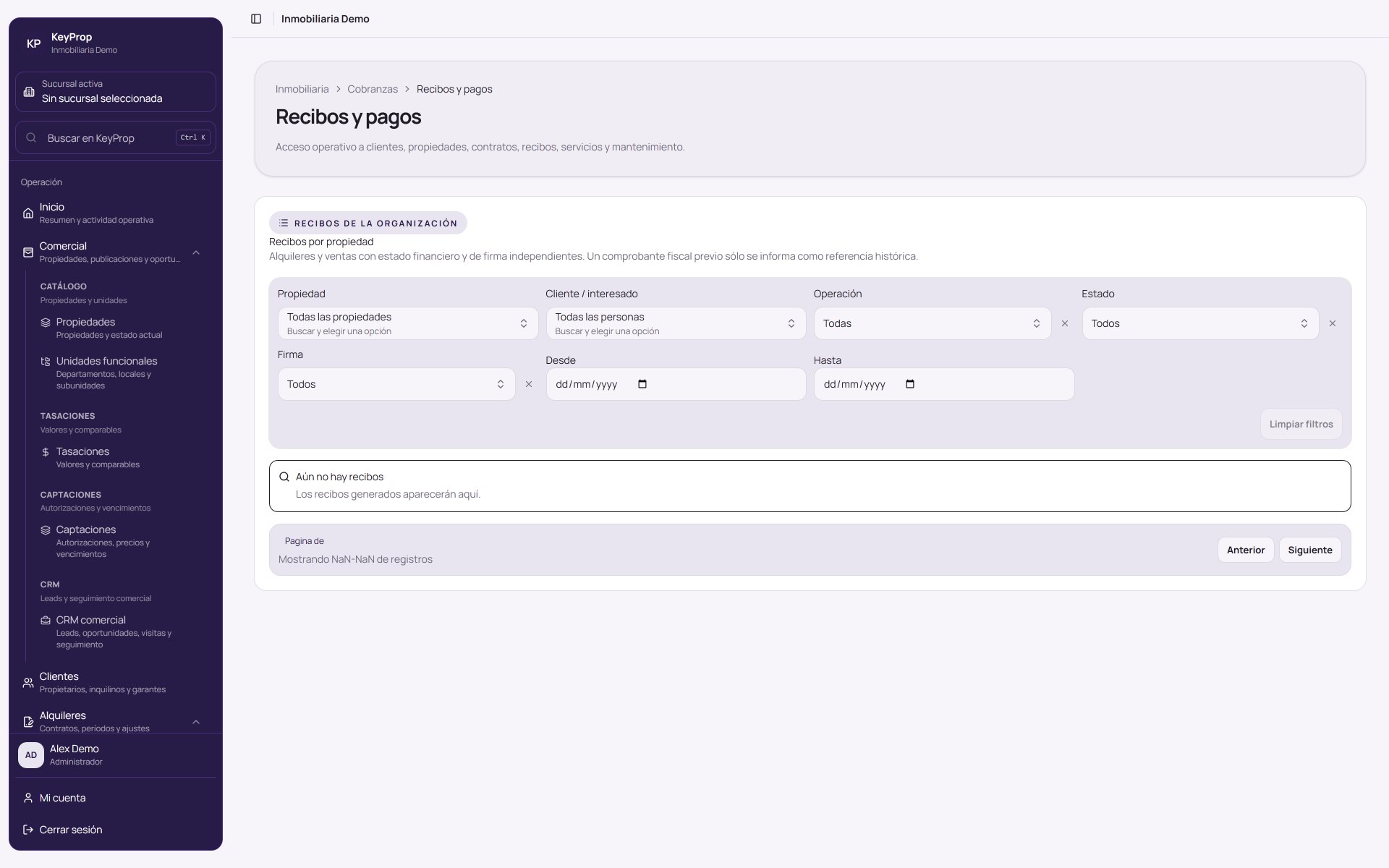 Pantalla de cobranzas, recibos y liquidaciones de KeyProp.