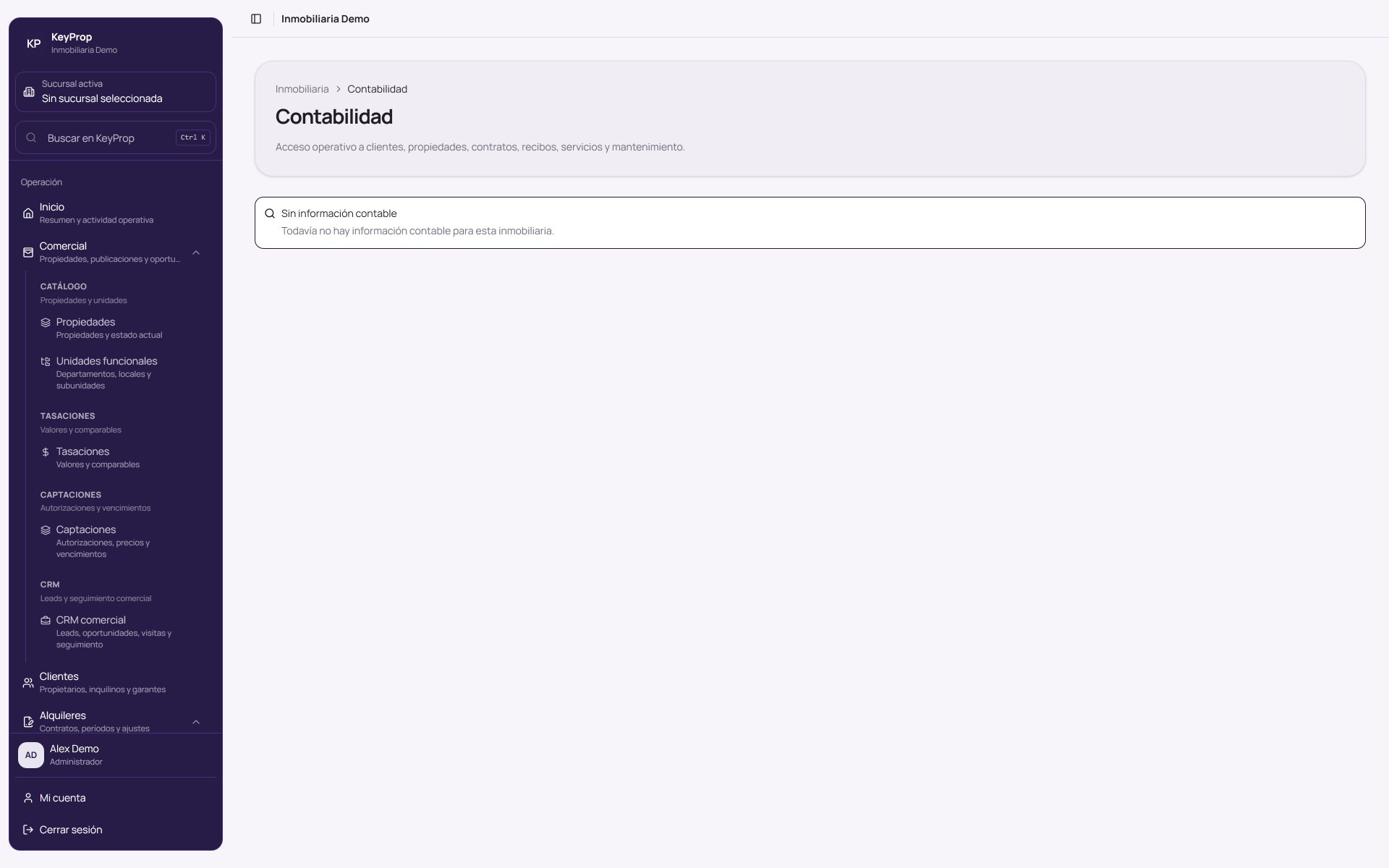 Pantalla de contabilidad con cuentas y asientos de KeyProp.