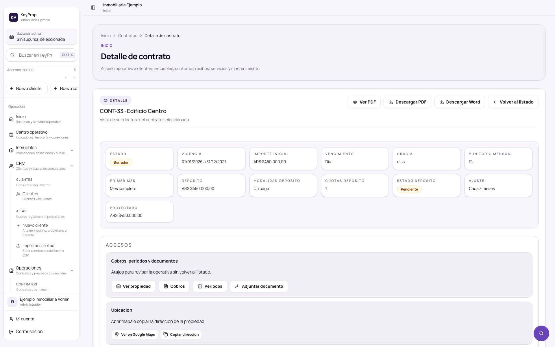 Detalle de contrato en KeyProp con vigencia, importe, depósito y accesos operativos.