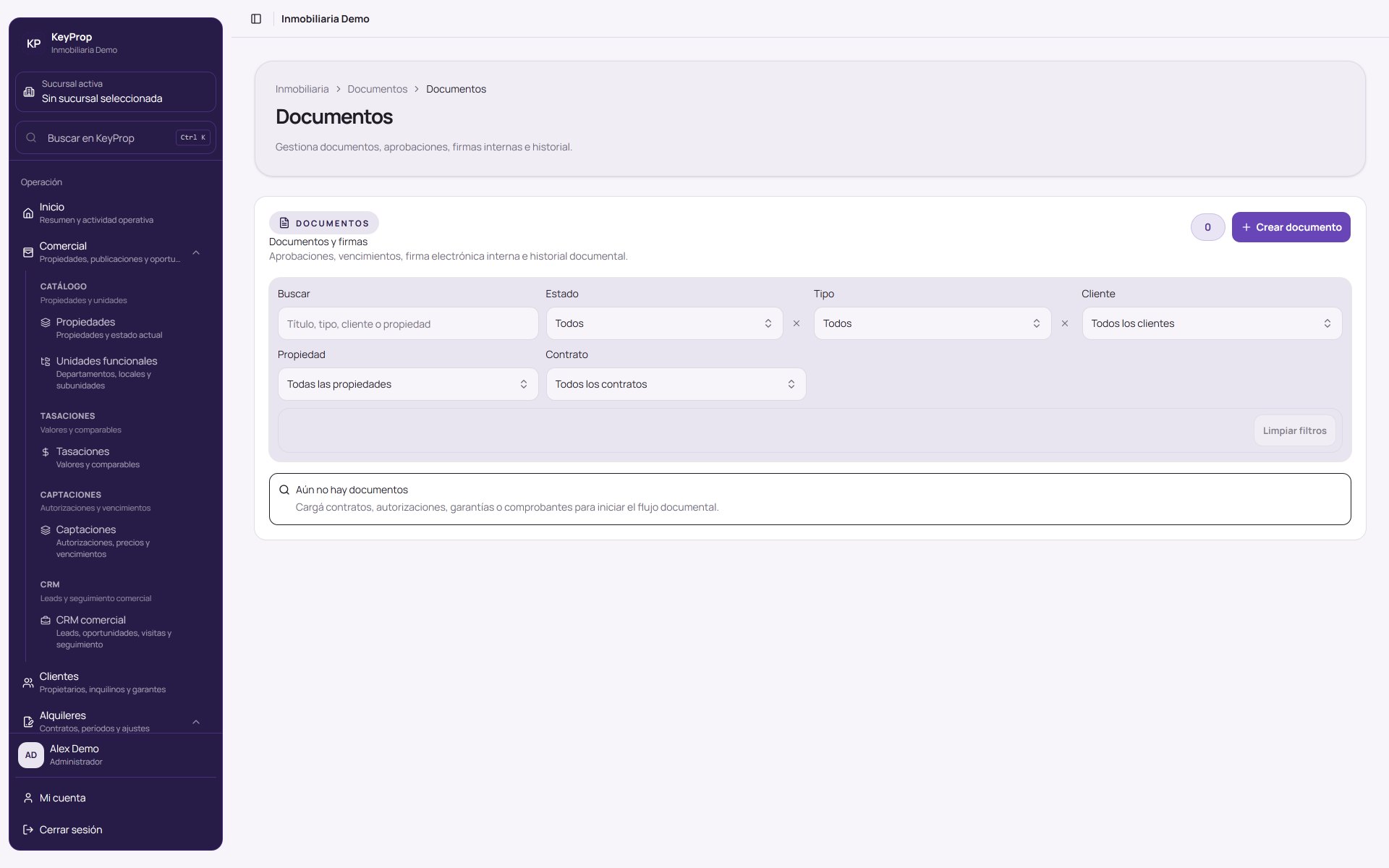 Pantalla de documentos y tareas de una inmobiliaria en KeyProp.