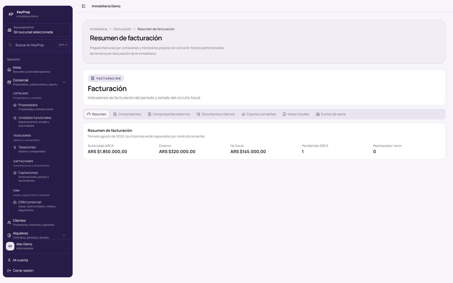 Resumen de facturación de una inmobiliaria en KeyProp.