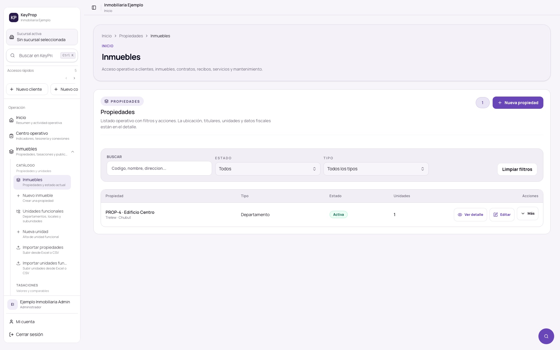 Listado de inmuebles de KeyProp con filtros, estado y acciones de gestión.