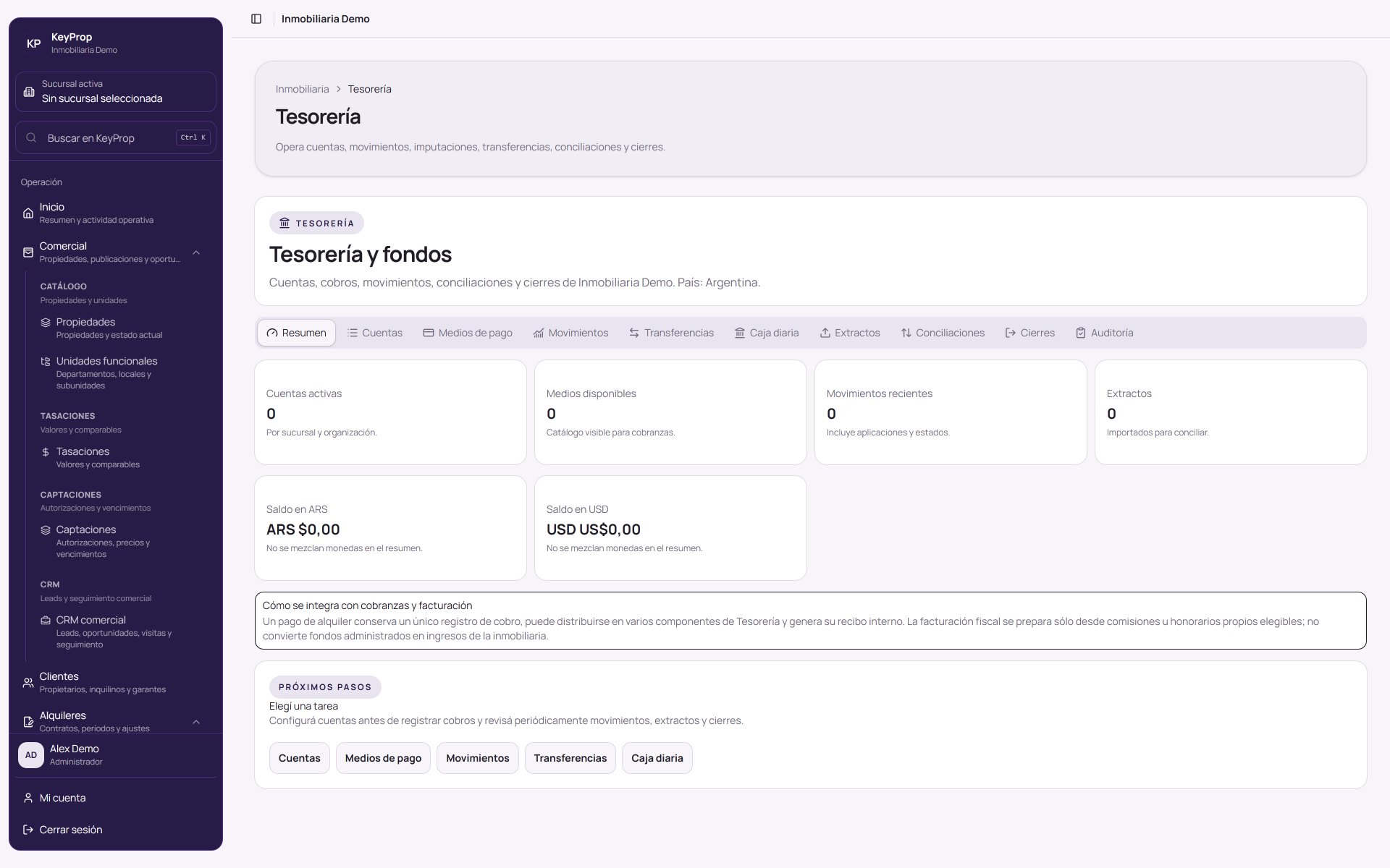 Pantalla de tesorería con cuentas y movimientos de KeyProp.