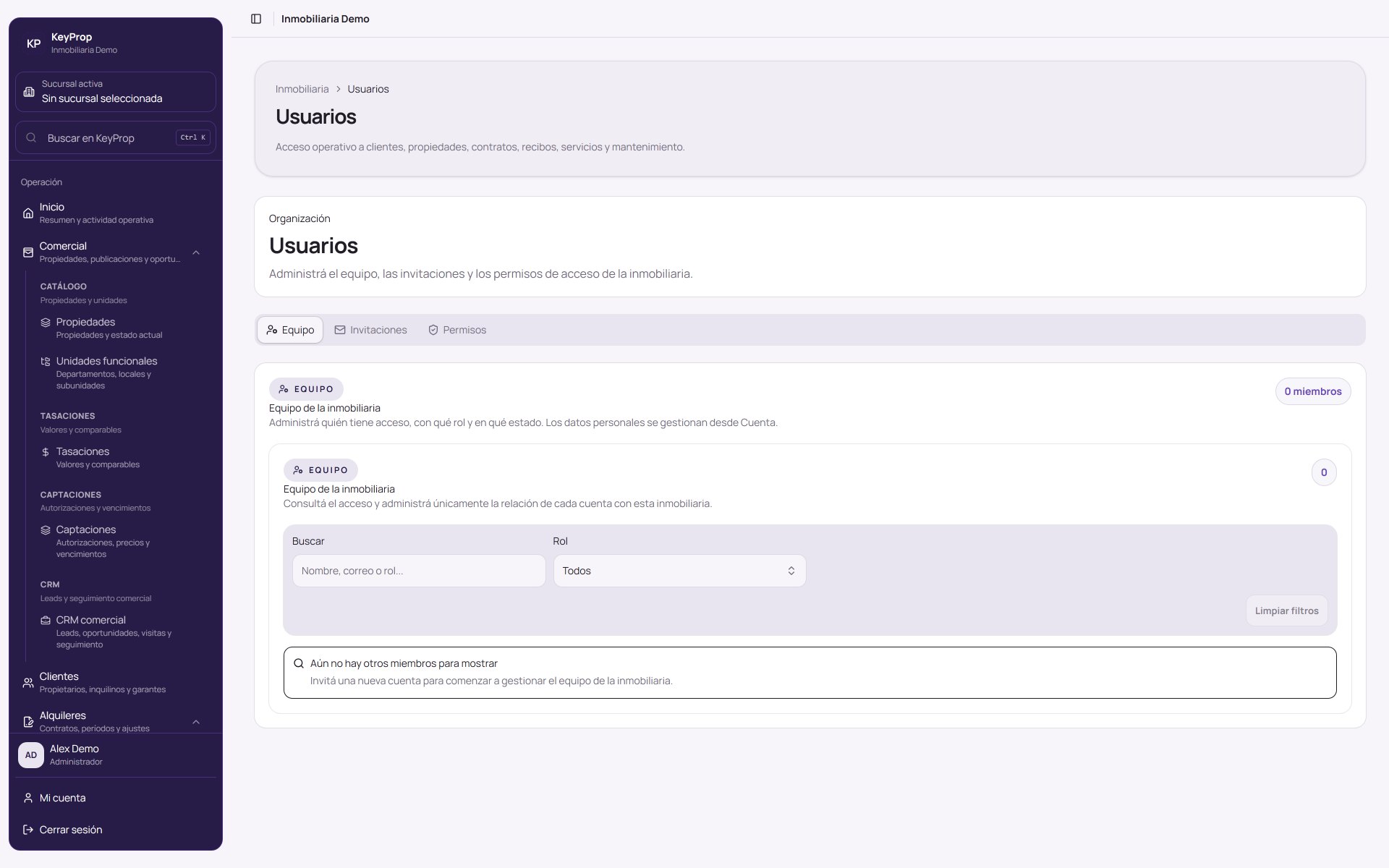 Pantalla de usuarios, sucursales y permisos de KeyProp.